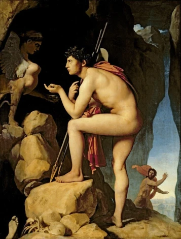 Reprodukcja Oedipus and the Sphinx, Jean Auguste Dominique Ingres - Wzór graficzny. Postać Oedipusa stoi na kamieniach