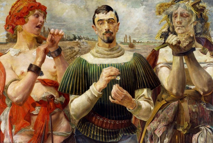 Reprodukcja Polski Hamlet, Jacek Malczewski - Wzór graficzny. Trzy postacie w różnych pozach, z wyrazistymi detalami ubioru