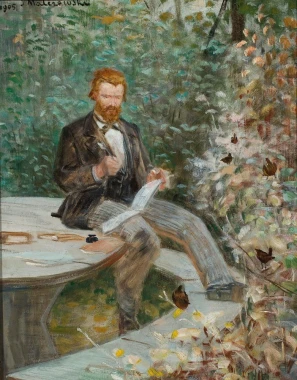 Reprodukcja Portret Adolda Dygasińskiego, Jacek Malczewski - Wzór graficzny. Mężczyzna w garniturze siedzi na ławce wśród
