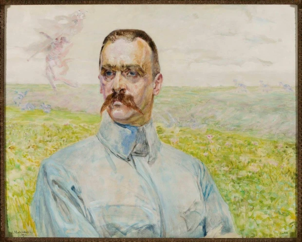 Reprodukcja Portret brygadiera Józefa Piłsudskiego, Jacek Malczewski - Wzór graficzny. Mężczyzna z wąsami w jasnym mundurze