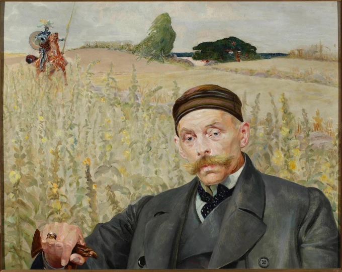 Reprodukcja Portret Wacława Karczewskiego, Jacek Malczewski - Wzór graficzny. Mężczyzna z wąsami w ciemnym płaszczu na tle