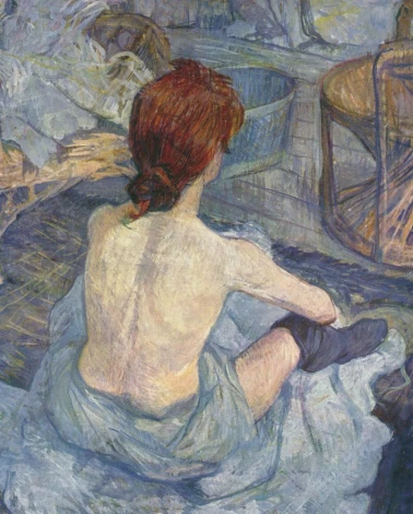 Reprodukcja obrazu Rousse, La Toilette, Henri de Toulouse-Lautrec - Aranżacja w łazience. Ściany w odcieniach błękitu