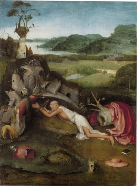 Reprodukcja Saint Jerome, Hieronymus Bosch - Wzór graficzny. Postać klęcząca w białej szacie, otoczona elementami natury