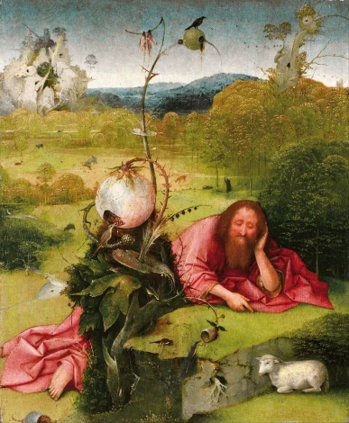 Reprodukcja Saint John the Baptist in the Wilderness, Hieronymus Bosch - Wzór graficzny. Postać świętego leży na ziemi