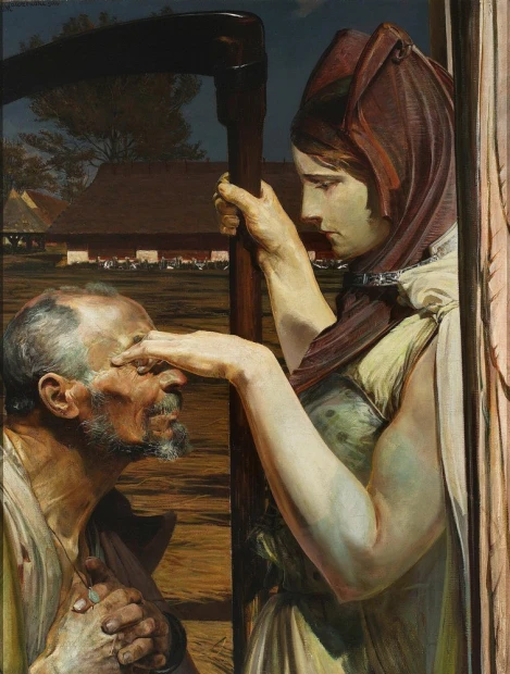 Reprodukcja Śmierć, Jacek Malczewski - Wzór graficzny. Postacie mężczyzny i kobiety w dramatycznej interakcji, z tłem