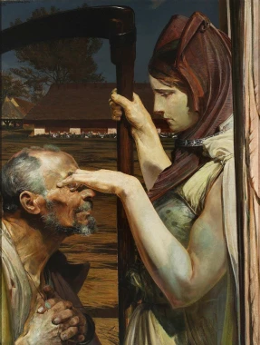 Reprodukcja Śmierć, Jacek Malczewski - Wzór graficzny. Postacie mężczyzny i kobiety w dramatycznej interakcji, z tłem