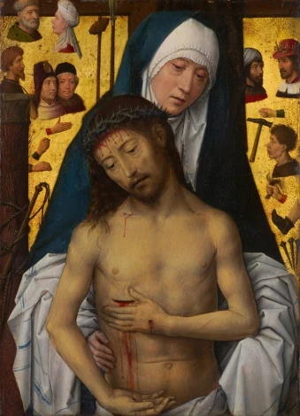 Reprodukcja The Man of Sorrows in the arms of the Virgin, Hans Memling - Wzór graficzny. Postacie w centralnej kompozycji