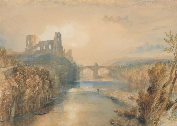 Reprodukcja Barnard Castle, William Turner - Wzór graficzny. Obraz przedstawia zamek nad rzeką, most i krajobraz z drzewami