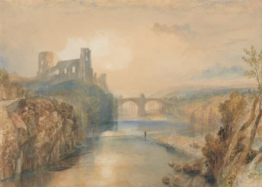 Reprodukcja Barnard Castle, William Turner - Wzór graficzny. Obraz przedstawia zamek nad rzeką, most i krajobraz z drzewami