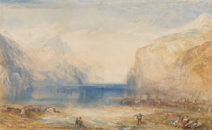 Reprodukcja Fluelen Morning, William Turner - Wzór graficzny. Obraz przedstawia krajobraz z górami, wodą i postaciami