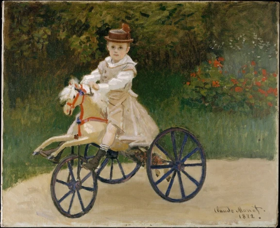 Reprodukcja Jean Monet 1867–1913 on His Hobby Horse, Claude Monet - Wzór graficzny. Dziecko na koniku na biegunach, otoczone
