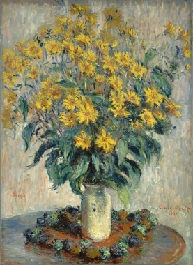 Reprodukcja Jerusalem Artichoke Flower, Claude Monet - Wzór graficzny. Bukiet żółtych kwiatów w wazonie na stole otoczony