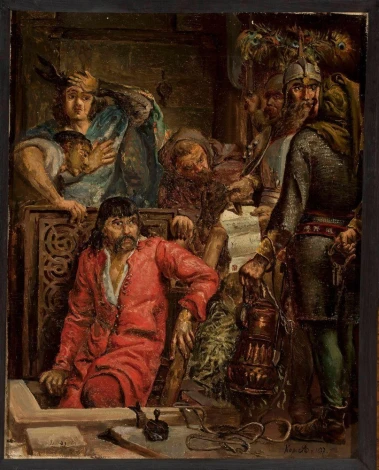 Reprodukcja Maćko Borowiec, Jan Matejko - Aranżacja w salonie. Ściany w ciemnych kolorach, klasyczne meble drewniane