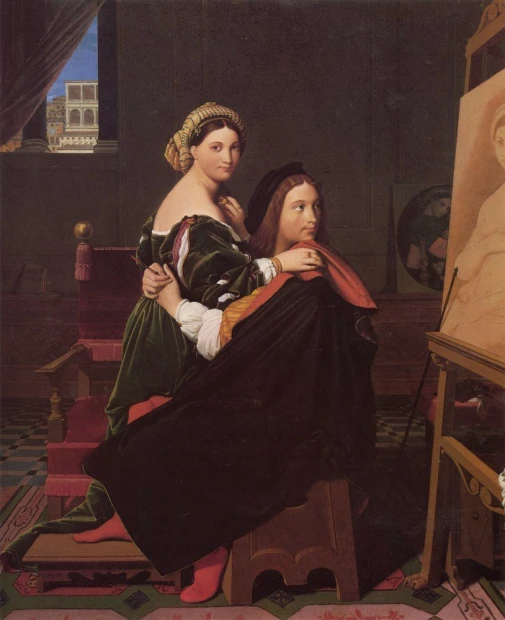 Reprodukcja obrazu Jeana-Auguste\'a-Dominique\'a Ingresa Raphael and the Fornarina przedstawiająca artystę z muzą