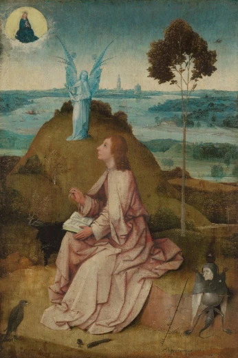 Reprodukcja obrazu Hieronima Boscha Saint John the Evangelist on Patmos przedstawiająca świętego na tle pejzażu