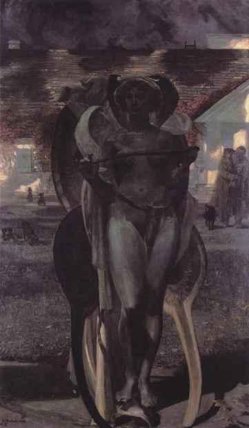 Reprodukcja Thanatos II, Jacek Malczewski - Wzór graficzny. Postać nagiej kobiety z skrzydłami, ciemne tło, elementy