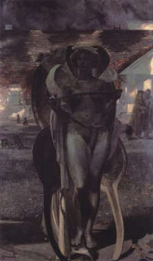 Reprodukcja Thanatos II, Jacek Malczewski - Wzór graficzny. Postać nagiej kobiety z skrzydłami, ciemne tło, elementy