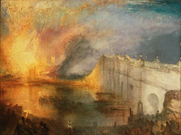Reprodukcja The Burning of the Houses of Lords and Commons, William Turner - Wzór graficzny. Obraz przedstawia ogień, dym