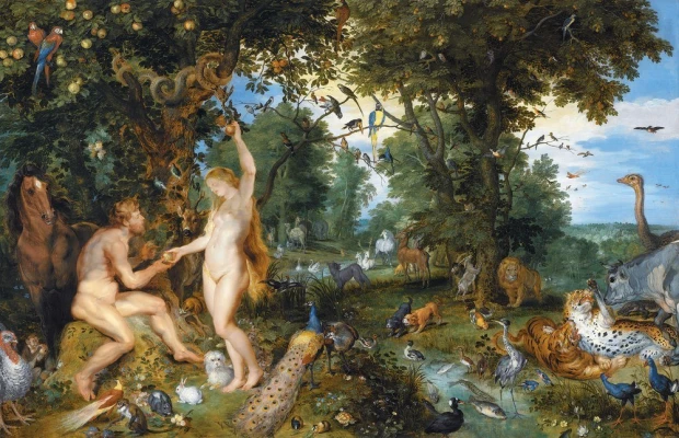 Reprodukcja The garden of Eden with the fall of man, Peter Paul Rubens - Wzór graficzny. Scena przedstawia Adama i Ewę