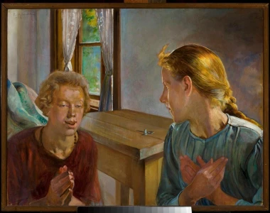 Reprodukcja Zwiastowanie, Jacek Malczewski - Aranżacja w pokoju. Ściany w jasnych kolorach, drewniane meble i okno