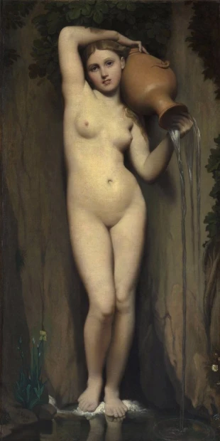 Reprodukcja The Spring, Jean Auguste Dominique Ingres - Wzór graficzny. Postać kobiety z dzbanem, woda spływa z naczynia