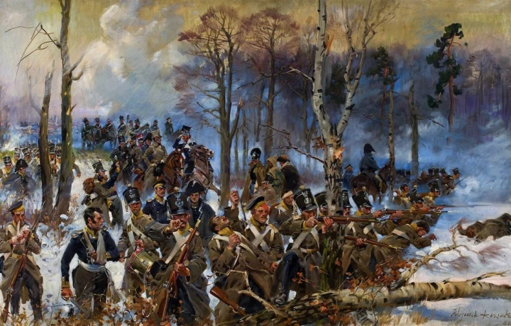 Reprodukcja Battle of Olszynka Grochowska, Kossak Wojciech - Wzór graficzny. Scena bitwy z żołnierzami w ruchu, drzewa w tle