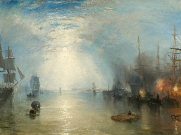 Reprodukcja Keelmen Heaving in Coals by Moonlight, William Turner - Wzór graficzny. Obraz przedstawia statki na wodzie