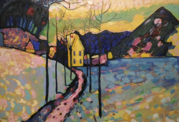Reprodukcja Kompozycja VIII, Wassily Kandinsky - Wzór graficzny. Kolorowe plamy tworzą krajobraz z domem, drzewami i górą