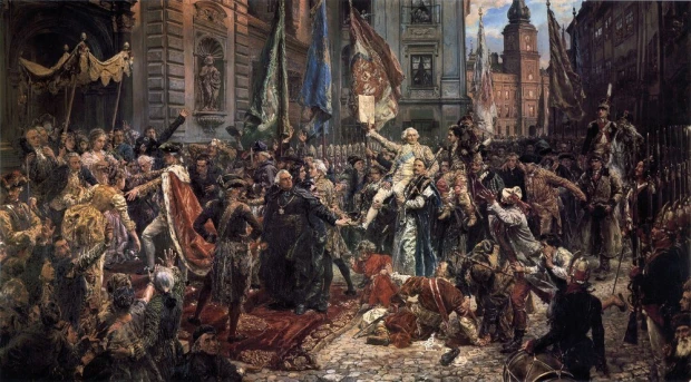 Reprodukcja Konstytucja 3 Maja, Jan Matejko - Wzór graficzny. Scena przedstawia tłum ludzi z flagami i sztandarami, wśród
