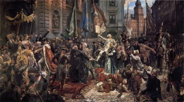 Reprodukcja Konstytucja 3 Maja, Jan Matejko - Wzór graficzny. Scena przedstawia tłum ludzi z flagami i sztandarami, wśród