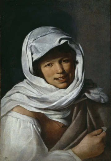 Reprodukcja La gallega de la moneda, Bartolome Esteban Murillo - Wzór graficzny. Obraz przedstawia kobietę w białym nakryciu