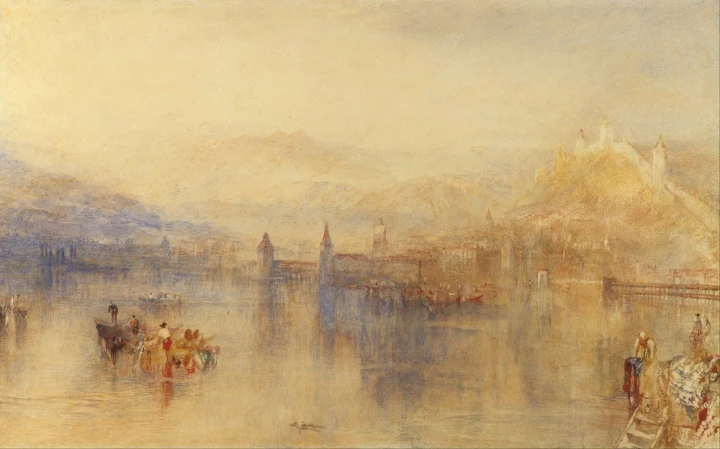 Reprodukcja Lucerne from the Lake, William Turner - Wzór graficzny. Obraz przedstawia jezioro z górami w tle oraz łodzie