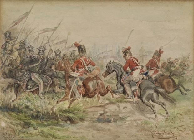 Reprodukcja Polskie żołnierze w walce z Rosjanami, Juliusz Kossak - Wzór graficzny. Scena przedstawia żołnierzy na koniach