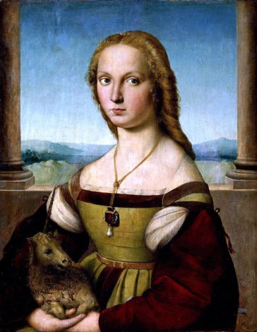 Reprodukcja Portrait of Young Woman with Unicorn, Rafael Santi, Raphael - Wzór graficzny. Młoda kobieta trzyma w ramionach