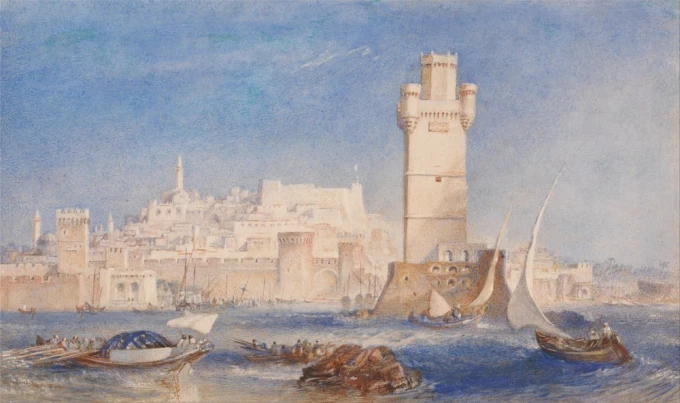 Reprodukcja Rhodes, William Turner - Wzór graficzny. Obraz przedstawia port z wieżą, łodzie na wodzie i budynki w tle