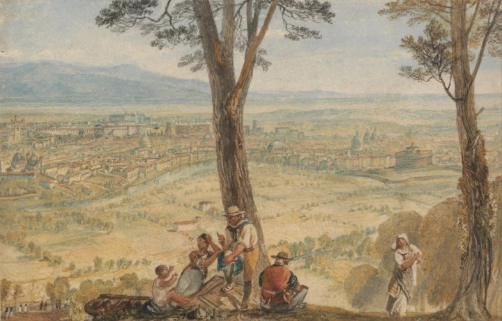 Reprodukcja Rome from Monte Mario, William Turner - Wzór graficzny. Obraz przedstawia widok na miasto z góry, z postaciami