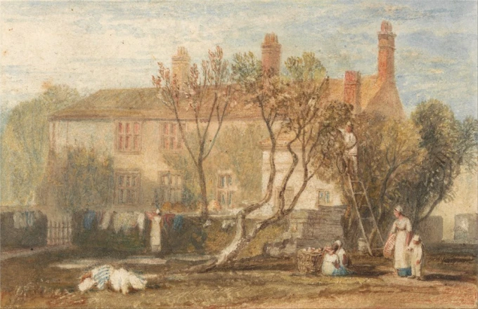 Reprodukcja Steeton Manor House, Near Farnley, William Turner - Wzór graficzny. Obraz przedstawia dom z drzewami, postacie
