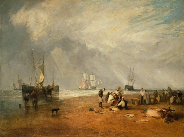Reprodukcja The Fish Market at Hastings Beach, William Turner - Wzór graficzny. Obraz przedstawia plażę z rybakami, łodziami