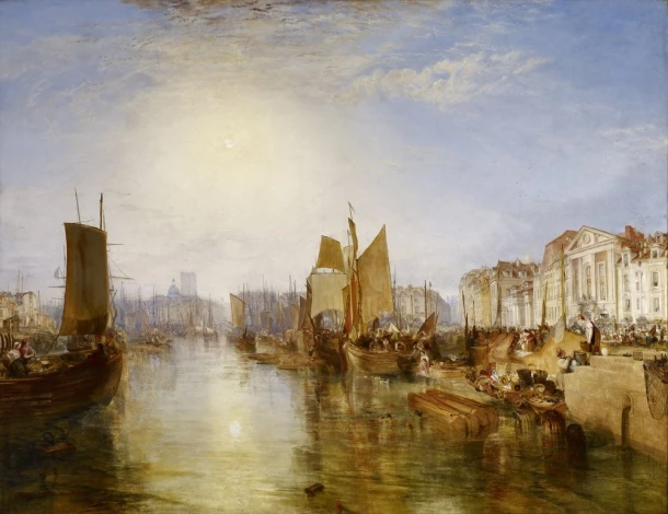 Reprodukcja The Harbor of Dieppe, William Turner - Wzór graficzny. Obraz przedstawia port z łodziami, budynkami