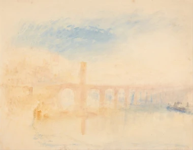 Reprodukcja The Moselle Bridge, Coblenz, William Turner - Wzór graficzny. Most z łukami na tle rozmytego nieba i wody