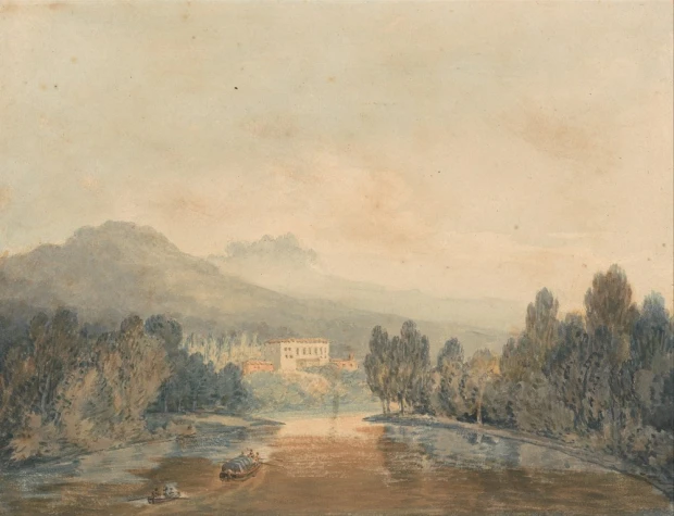 Reprodukcja obrazu Williama Turnera Villa Salviati on the Arno przedstawiająca rzekę płynącą doliną wśród drzew