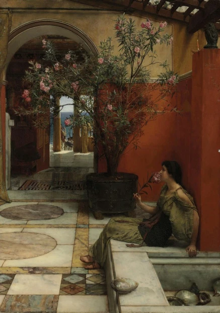 Reprodukcja An Oleander, Lawrence Alma-Tadema - Aranżacja w wnętrzu z elementami klasycznymi. Ciepłe kolory ścian