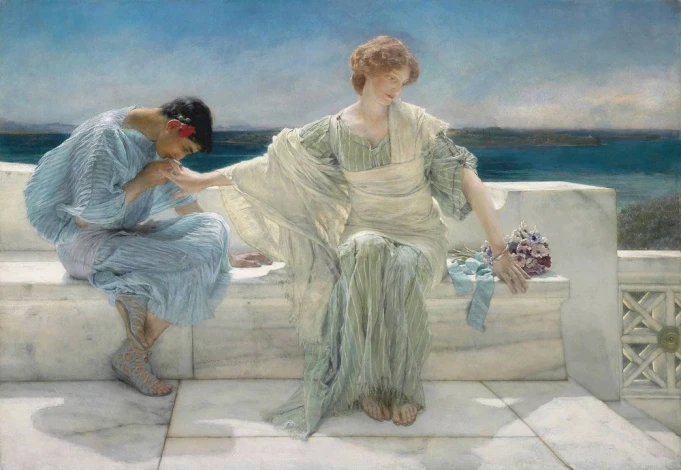 Reprodukcja Ask Me No More, Lawrence Alma-Tadema - Wzór graficzny. Obraz przedstawia kobietę w jasnej sukni oraz mężczyznę