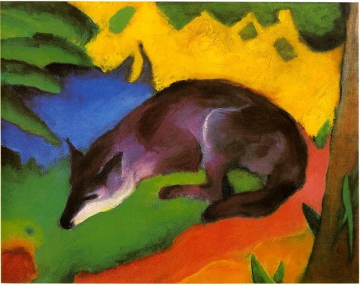 Reprodukcja obrazu Franza Marca Blue-Black Fox przedstawiająca śpiącego lisa na tle barwnego krajobrazu