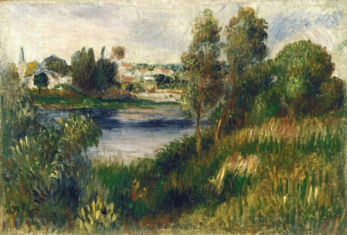 Reprodukcja Landscape at Vetheuil, Renoir Auguste - Wzór graficzny. Obraz przedstawia krajobraz z rzeką, drzewami