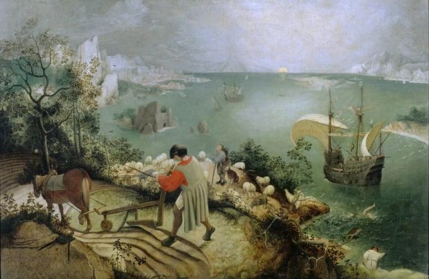 Reprodukcja Landscape with the Fall of Icarus, Pieter Bruegel - Wzór graficzny. Scena przedstawia rolnika, statek, morze