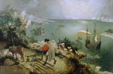 Reprodukcja Landscape with the Fall of Icarus, Pieter Bruegel - Wzór graficzny. Scena przedstawia rolnika, statek, morze