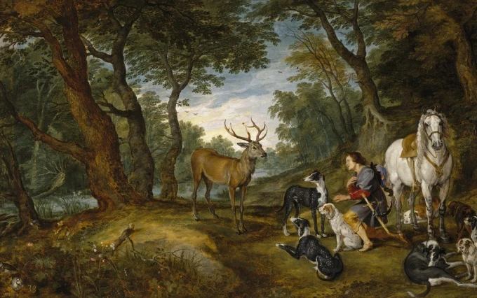 Reprodukcja Miracle of Saint Hubert, Peter Paul Rubens - Wzór graficzny. Scena leśna z jeleniem, myśliwym i psami