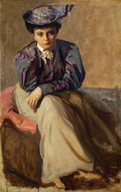 Reprodukcja Portret Zofii Cybulskiej z Sokołowskich, Wyczółkowski Leon - Wzór graficzny. Postać kobiety w eleganckim stroju