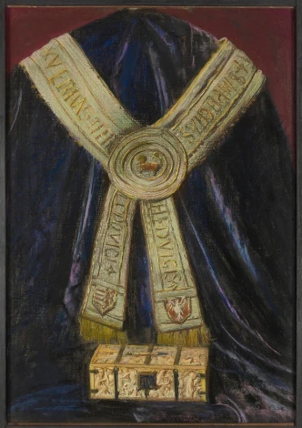 Reprodukcja Racjonał Królowej Jadwigi, Wyczółkowski Leon - Wzór graficzny. Obraz przedstawia szarfę na ciemnym tle